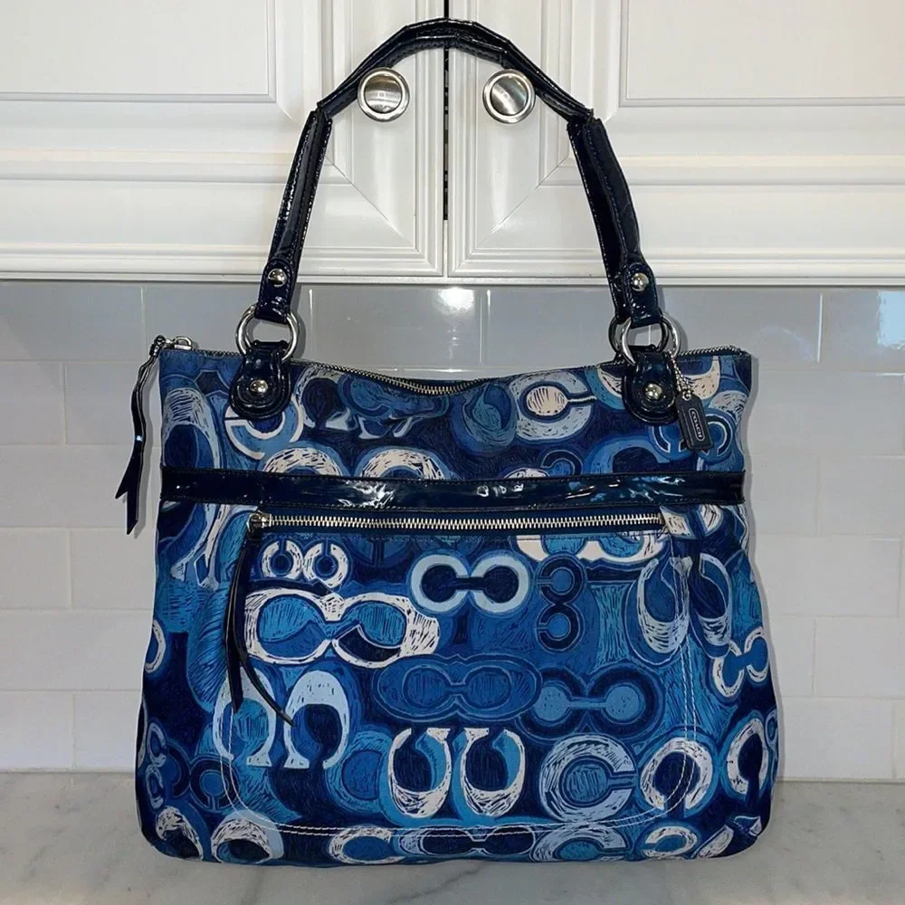 Coach HTF Poppy Glam Signature C Denim XL Tote Shoulder Bag
